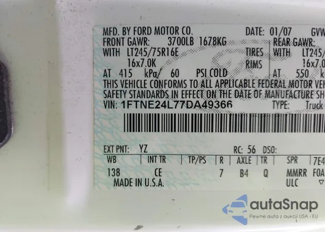 2007 Ford E-250 Commercial/Recreational from USA, damaged, VIN 1FTNE24L77DA49366